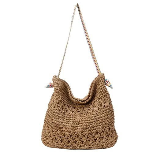 Uqezagpa Stilvolle Strohtasche für Strandurlaub und Pendeln in der Stadt, leichte und praktische Schultertasche mit großem Fassungsvermögen, leichte Pendlertasche, khaki, One Size von Uqezagpa
