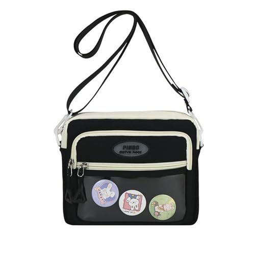 Uqezagpa Stilvolle Umhängetasche mit transparentem Ausweishalter, Sichtfenster, Nylon-Schultertaschen für trendige Jugendliche und Reisende, Campus-Lebenstasche, Schwarz , One Size von Uqezagpa
