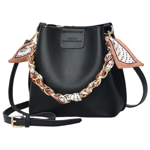 Uqezagpa Umhängetasche aus PU-Leder, geräumige Schultertasche, Kette, Eimertasche mit verstellbarem Riemen für Pendler und Einkaufen, Damenhandtasche, Schwarz , One Size von Uqezagpa