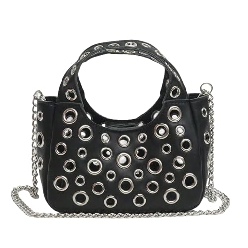 Uqezagpa Umhängetasche mit Hohlnieten für Damen, aus PU-Leder, Handtasche, Kurierkette, Schulter, Alltag, Damen, Schultertasche, hohle Nieten, Crossbody-Kette, Pendeln, für Reisen, Schwarz , One Size von Uqezagpa