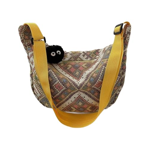 Uqezagpa Vintage ethnische Einzel-Umhängetasche unverwechselbare Knödelform mit Anhänger Dekoration ethnische Mode Statement, gelb, One Size von Uqezagpa