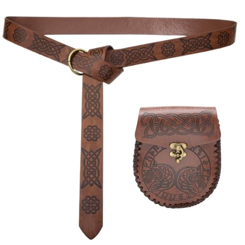 Vintage PU Leder Gürtel mit Münzfach Mittelalter Motto Party Dressingup Taillengürtel mit Prägemuster Cosplay Supply Mittelalter Brieftasche Gürtel, Braun a, Einheitsgröße, Mass Beauty von Uqezagpa