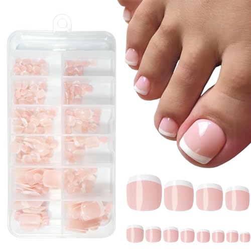 120 Stück Falsche Fußnägel Kit, Press on Nails for Toes, Hautfarbene Aufdrückbare Zehennägel, Französisch Natürliche Künstlich Fußnägel zum Aufkleben, 12 Größen Full Cover Toe Nails Tips für Frauen von Uqingo
