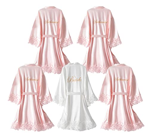 UrHot Brautjungfern-Kimono-Bademantel-Set, seidiger Hochzeitstag, Bademantel mit Spitzenbesatz, bestickt, pink / weiß, Einheitsgröße von UrHot