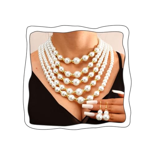 Uranian Set mit mehrlagigen Perlenketten, Perlenkette und Ohrringen, Lätzchen, Halsband, Strang, Perlenschmuck für Damen von Uranian
