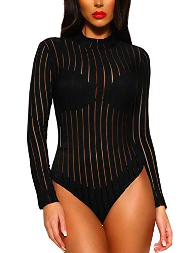 Uranus Damen Sheer Bodysuit Rollkragen Langarm Mesh Leotard Top, Schwarz, XL von Uranus