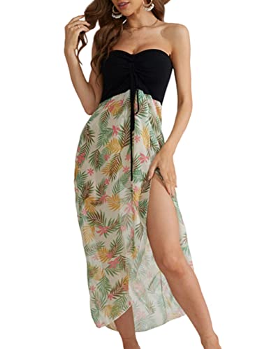 Uranus Damen Strandkleid Loser Schlitz Federdruck Schlitz Trägerloses Bardot Maxi Strandkleid, Grün gedruckt, S von Uranus