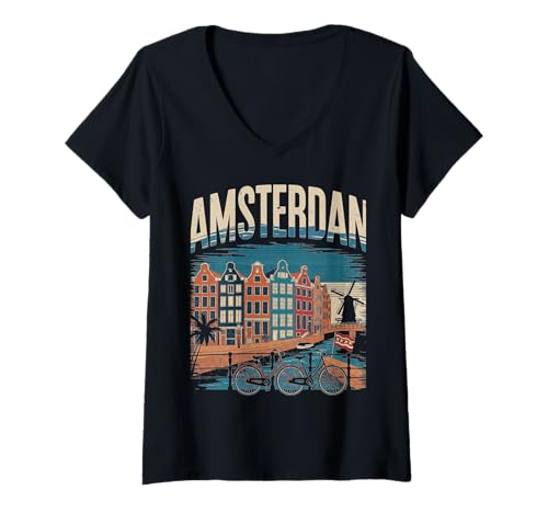 Damen Kreis-Design im Vintage-Stil für Städtereisen nach Amsterdam T-Shirt mit V-Ausschnitt von Urban Amsterdam Explorer Cityscape Travel Wear