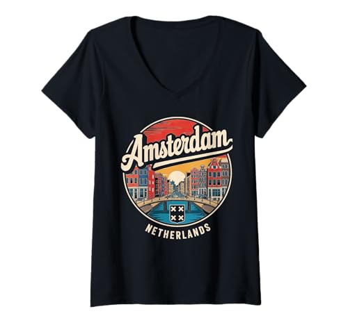 Damen Kreis-Design im Vintage-Stil für Städtereisen nach Amsterdam T-Shirt mit V-Ausschnitt von Urban Amsterdam Explorer Cityscape Travel Wear