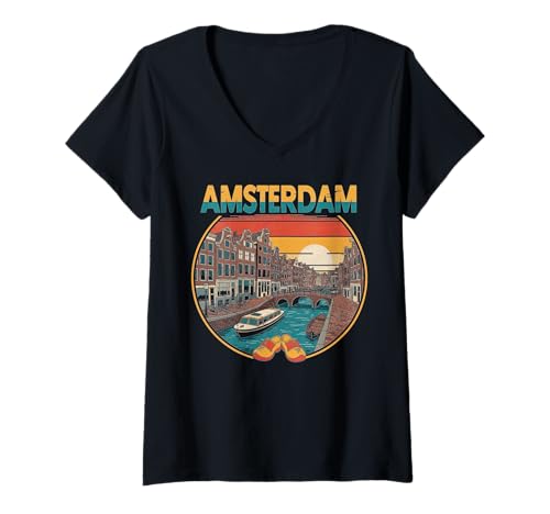 Damen Kreis-Design im Vintage-Stil für Städtereisen nach Amsterdam T-Shirt mit V-Ausschnitt von Urban Amsterdam Explorer Cityscape Travel Wear