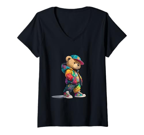 Damen Bunter Graffiti-Teddybär im Streetwear-Hip-Hop-Outfit T-Shirt mit V-Ausschnitt von Urban Artist Bear Collective