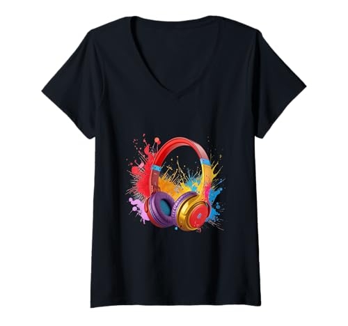 Damen Bunte Graffiti-Kopfhörer mit kräftigen Farbspritzern T-Shirt mit V-Ausschnitt Damen Bunte Graffiti-Kopfhörer mit kräftigen Farbspritzern T-Shirt mit V-Ausschnitt von Urban Artist Flow Collective