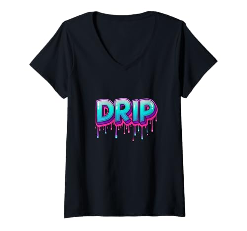 Damen Graffiti Drip Kühnes, farbenfrohes urbanes Kunstwerk im Street-Stil T-Shirt mit V-Ausschnitt von Urban Artist Flow Collective
