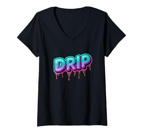 Damen Graffiti Drip Kühnes, farbenfrohes urbanes Kunstwerk im Street-Stil T-Shirt mit V-Ausschnitt Damen Graffiti Drip Kühnes, farbenfrohes urbanes Kunstwerk im Street-Stil T-Shirt mit V-Ausschnitt von Urban Artist Flow Collective