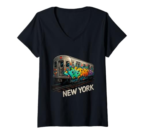 Damen New Yorker U-Bahn, Graffiti, Straßenkunst, bunt, urban T-Shirt mit V-Ausschnitt von Urban Artist Vibe Collective