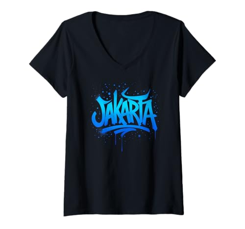 Damen Jakarta Graffiti Spray Typografie Street Art Design T-Shirt mit V-Ausschnitt Damen Jakarta Graffiti Spray Typografie Street Art Design T-Shirt mit V-Ausschnitt von Urban Asia Co.