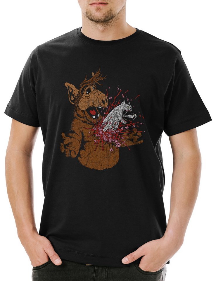 Urban Backwoods Print-Shirt Melmac A Horror Herren T-Shirt Fun Geek Nerd Alien Splatter Halloween (1-tlg) Blood Blood Blut Facehugger von Urban Backwoods