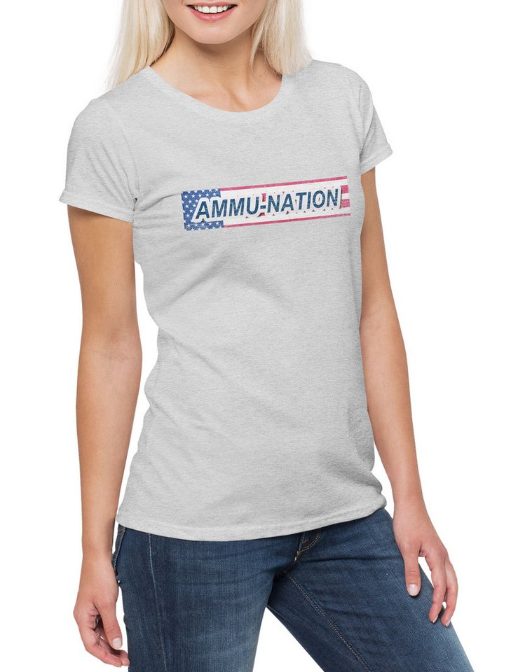 Urban Backwoods Print-Shirt Amu Nation Logo Damen T-Shirt Waffenladen Videospiel PC Game Zeichen (1-tlg) Gun Shop Insignia Symbol von Urban Backwoods