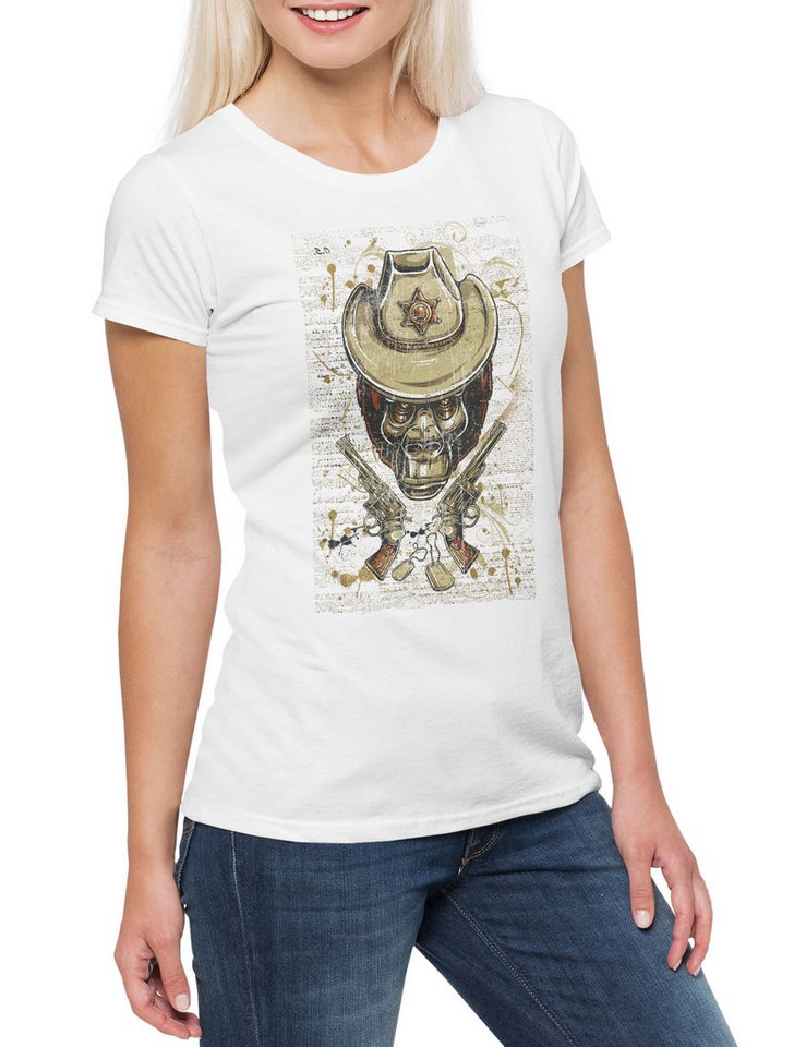 Urban Backwoods Print-Shirt Ape Sheriff Damen T-Shirt Affe Cowboy Hut Stern Star Western Hat (1-tlg) Western Badge Saloon Square von Urban Backwoods