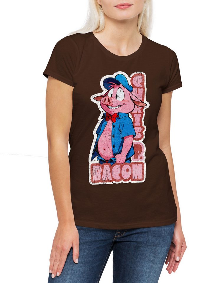 Urban Backwoods Print-Shirt Chris P. Bacon Damen T-Shirt Meat Not Vegan Proteine Crispy Pork Pig (1-tlg) Bodybuilding Masse Aufbau Grillen von Urban Backwoods