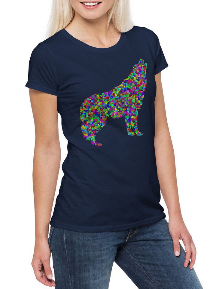 Urban Backwoods Print-Shirt Colored Wolf Damen T-Shirt Wolves Wolfsrudel Wölfe Toon Cartoon Comic (1-tlg) Look Farben Party Disko von Urban Backwoods