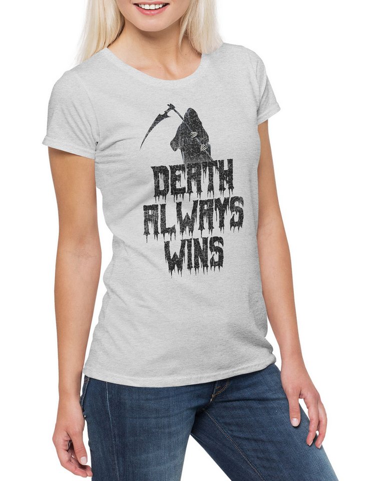 Urban Backwoods Print-Shirt Death Always Wins Reaper Damen T-Shirt Biker Club MCReaper Rocker (1-tlg) Ripper Der Tod Sensenmann von Urban Backwoods