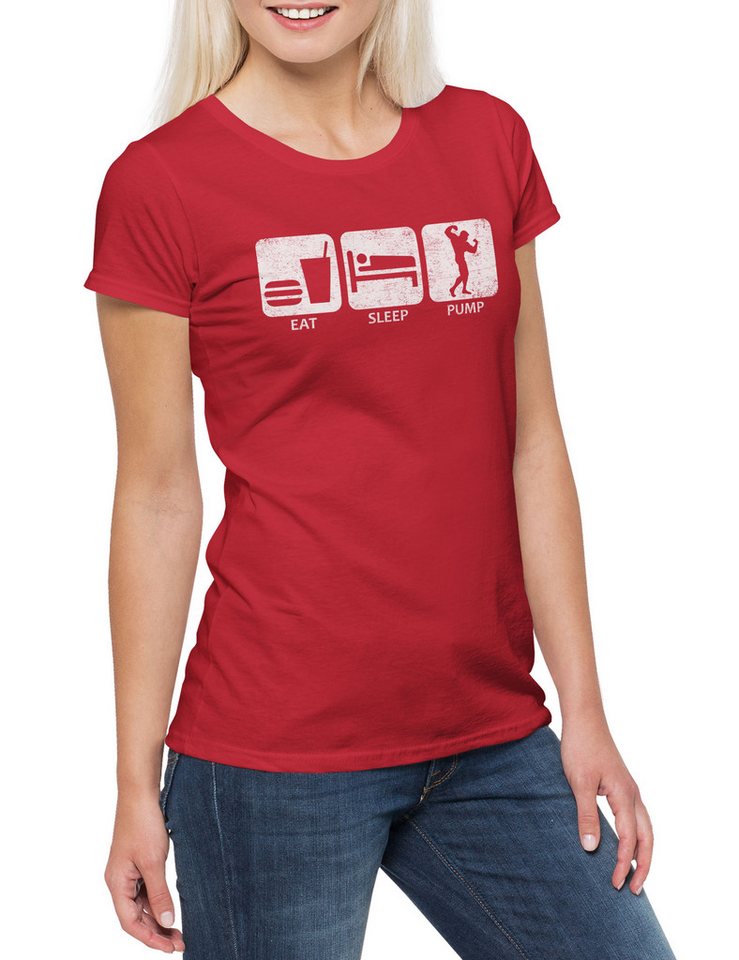 Urban Backwoods Print-Shirt Eat Sleep Pump Damen T-Shirt Body Building Gym Bodybuilding Training (1-tlg) Gewichtheber Personal Coach Curls von Urban Backwoods