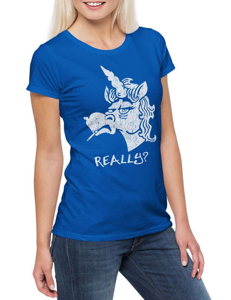 Urban Backwoods Print-Shirt Grumpy Unicorn Damen T-Shirt Einhorn Comic Anime Regenbogen Rainbow (1-tlg) Cute Fantasy Fairies Princess von Urban Backwoods