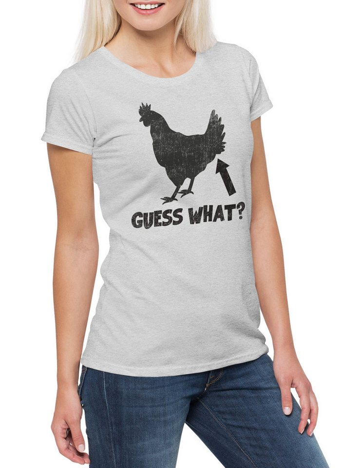 Urban Backwoods Print-Shirt Guess What Damen T-Shirt Chicken Butt Quote Fun Joke Comedy Nerd (1-tlg) Hipster Indie Cocky von Urban Backwoods