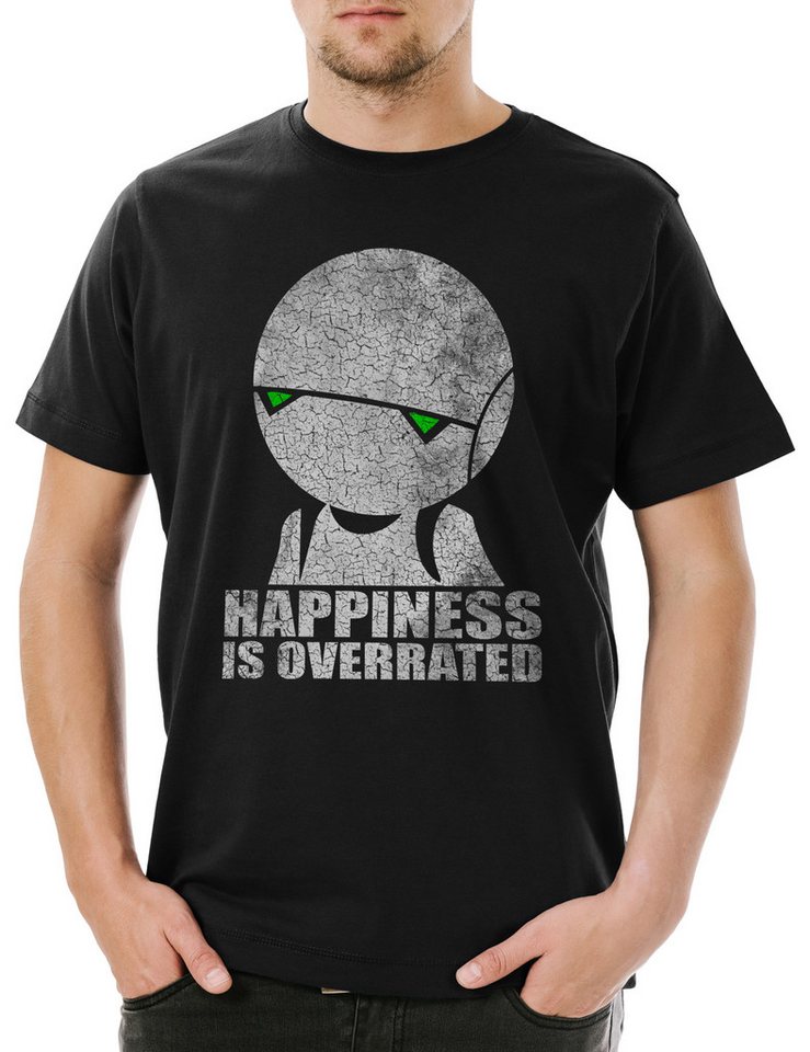 Urban Backwoods Print-Shirt Happiness Is Overrated Herren T-Shirt Depression Depressiv Android (1-tlg) Robot Roboter Sadness Tristesse von Urban Backwoods