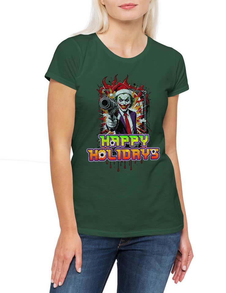 Urban Backwoods Print-Shirt Happy Holidays Joker Gun Damen T-Shirt Merry Santa X-Mas Claus (1-tlg) Christmas Batman Weihnachten Gotham von Urban Backwoods