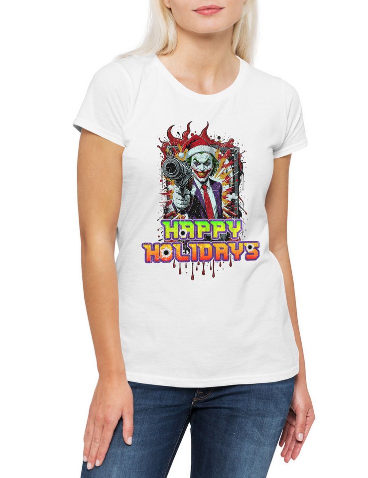 Urban Backwoods Print-Shirt Happy Holidays Joker Gun Damen T-Shirt Merry Santa X-Mas Claus (1-tlg) Christmas Batman Weihnachten Gotham von Urban Backwoods