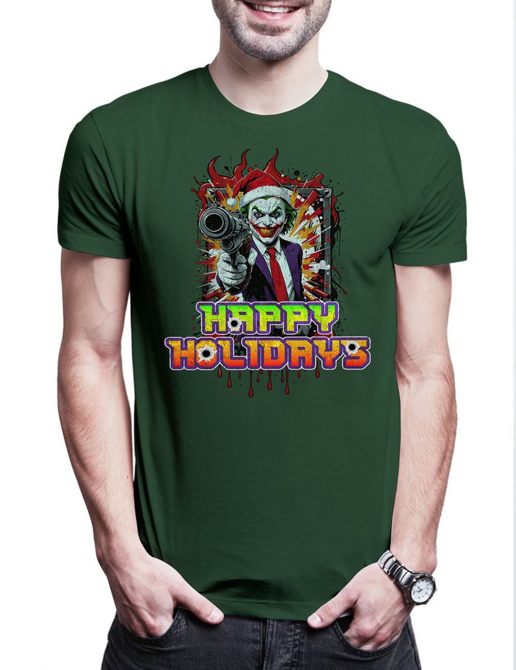 Urban Backwoods Print-Shirt Happy Holidays Joker Gun Herren T-Shirt Merry Santa X-Mas Claus (1-tlg) Christmas Batman Weihnachten Gotham von Urban Backwoods