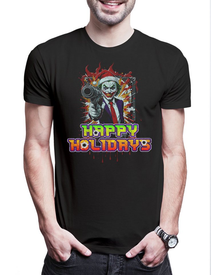 Urban Backwoods Print-Shirt Happy Holidays Joker Gun Herren T-Shirt Merry Santa X-Mas Claus (1-tlg) Christmas Batman Weihnachten Gotham von Urban Backwoods