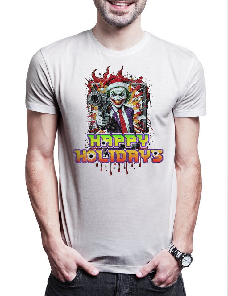 Urban Backwoods Print-Shirt Happy Holidays Joker Gun Herren T-Shirt Merry Santa X-Mas Claus (1-tlg) Christmas Batman Weihnachten Gotham von Urban Backwoods