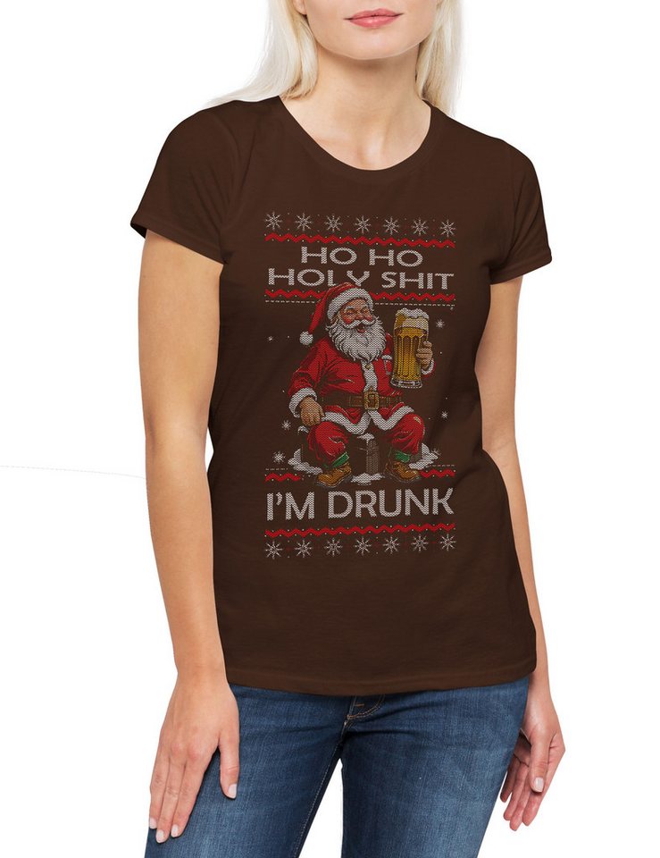 Urban Backwoods Print-Shirt Holy Shit I Am Drunk Christmas Damen T-Shirt Merry Santa X-Mas Claus (1-tlg) Bier Booze Alkohol Weihnachten von Urban Backwoods