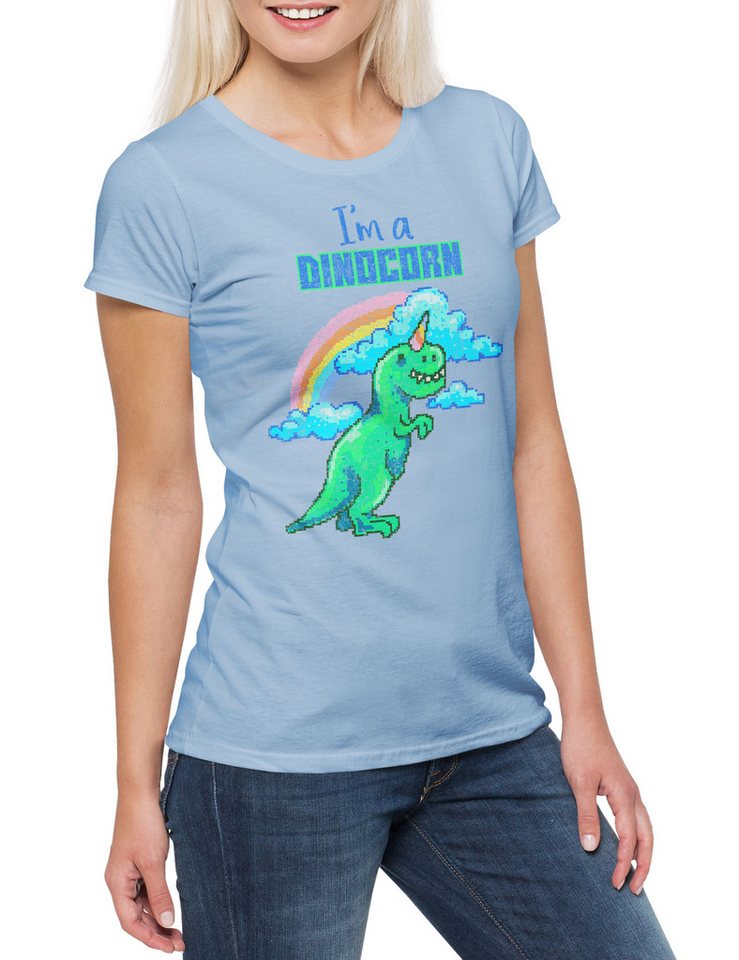 Urban Backwoods Print-Shirt I'm A Dinocorn Damen T-Shirt Einhorn Regenbogen Unicorn Gamer Gaming (1-tlg) Games Pixel Retro Arcade von Urban Backwoods
