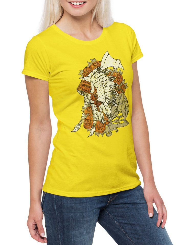 Urban Backwoods Print-Shirt Indian Chief Gear And Roses Damen T-Shirt Native American Häuptling (1-tlg) Chieftain Federn Sioux von Urban Backwoods
