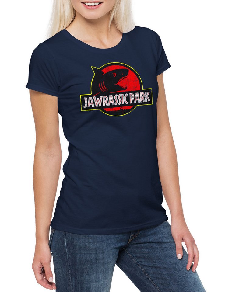 Urban Backwoods Print-Shirt Jawrassic Park Damen T-Shirt Island Shark Plakat Weißer Hai White Jaws (1-tlg) Martin Quint Boat Brody von Urban Backwoods