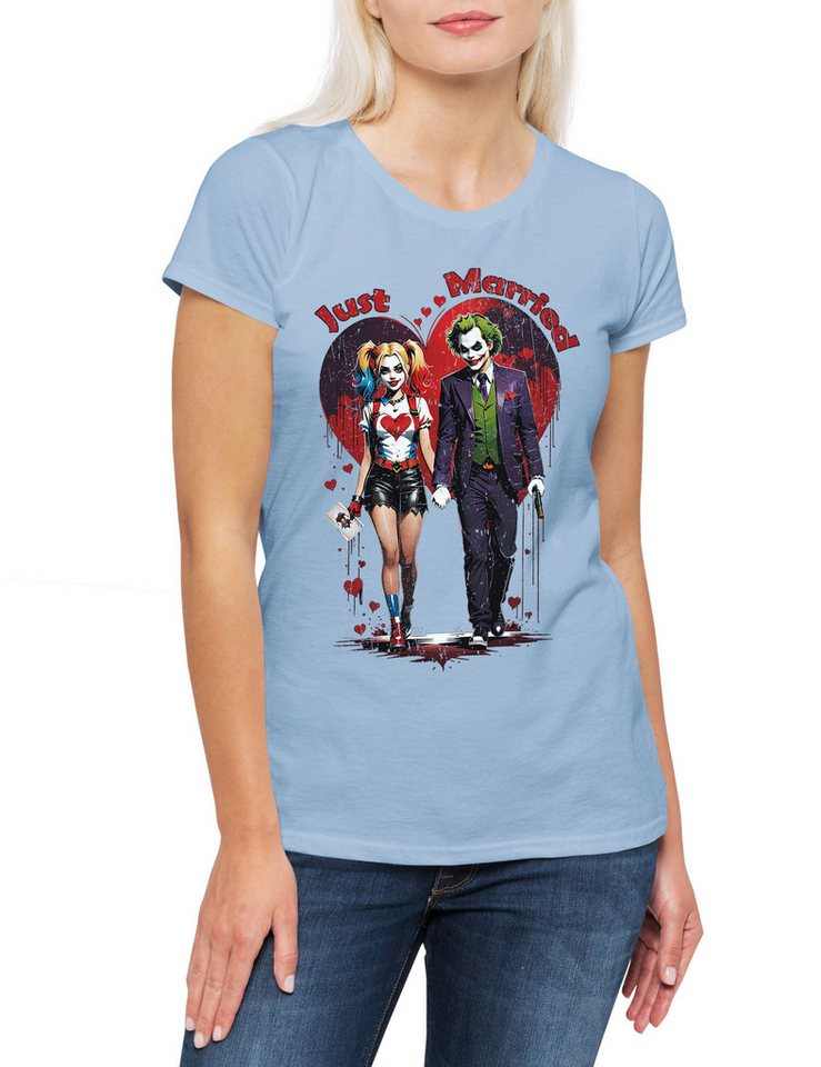 Urban Backwoods Print-Shirt Just Married Gangster Couple Damen T-Shirt Bat Logo Quinn Anime Gotham (1-tlg) Batman Harley Joker Man von Urban Backwoods