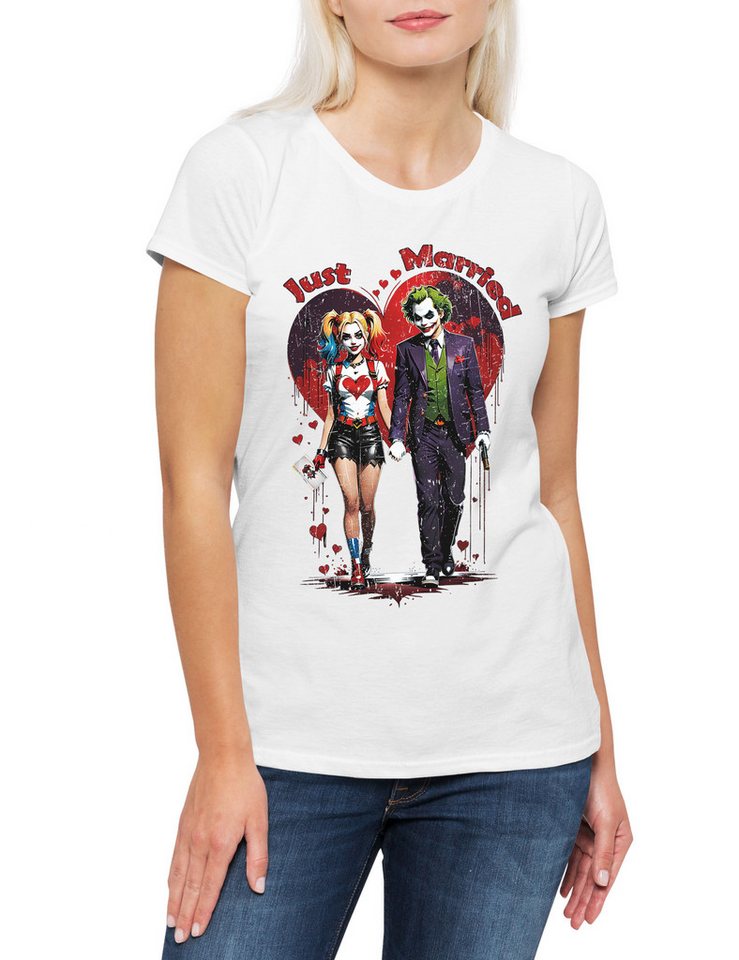 Urban Backwoods Print-Shirt Just Married Gangster Couple Damen T-Shirt Bat Logo Quinn Anime Gotham (1-tlg) Batman Harley Joker Man von Urban Backwoods