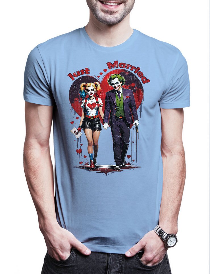 Urban Backwoods Print-Shirt Just Married Gangster Couple Herren T-Shirt Bat Logo Quinn Anime (1-tlg) Gotham Batman Harley Joker von Urban Backwoods