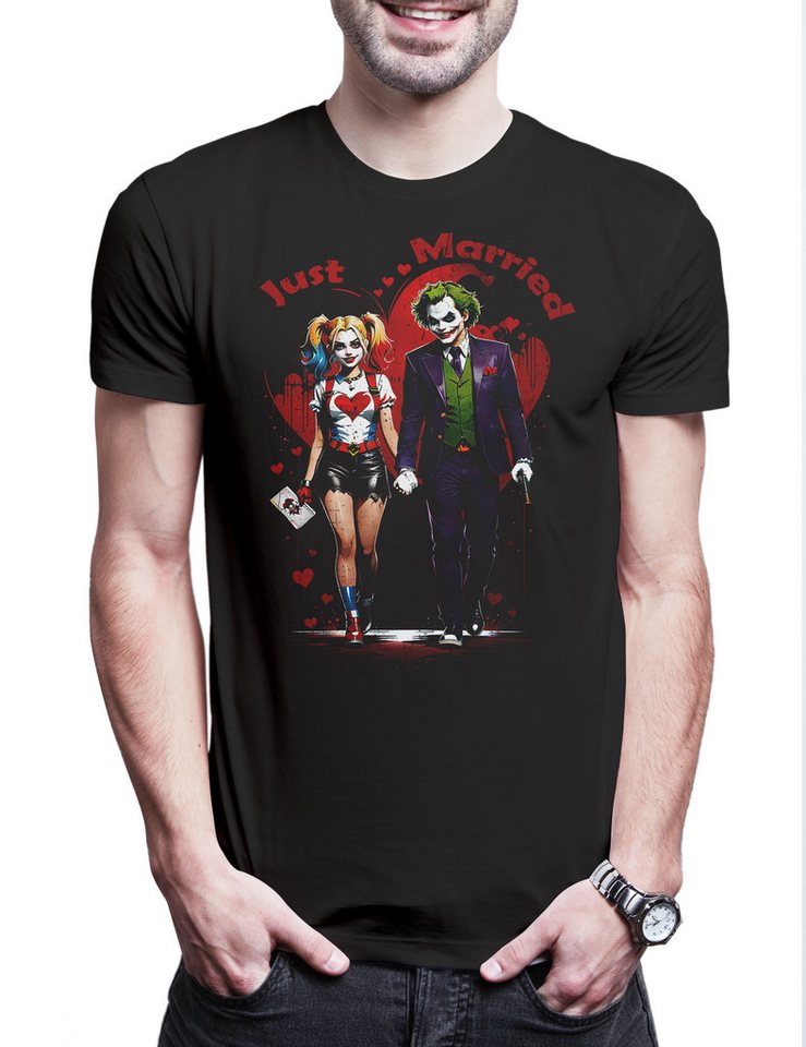 Urban Backwoods Print-Shirt Just Married Gangster Couple Herren T-Shirt Bat Logo Quinn Anime (1-tlg) Gotham Batman Harley Joker von Urban Backwoods