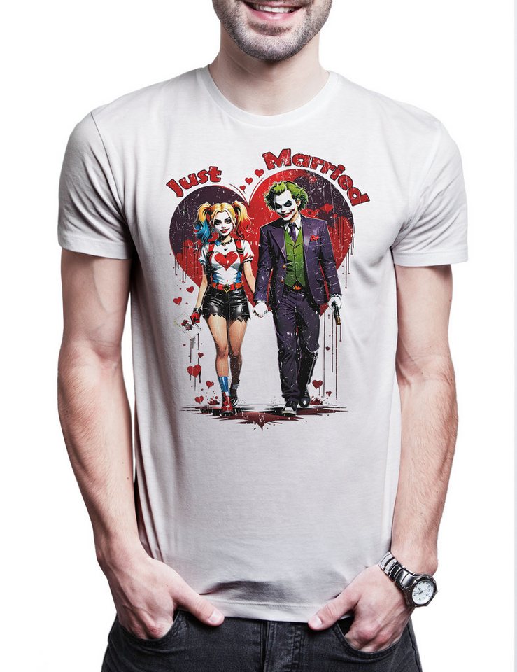 Urban Backwoods Print-Shirt Just Married Gangster Couple Herren T-Shirt Bat Logo Quinn Anime (1-tlg) Gotham Batman Harley Joker von Urban Backwoods