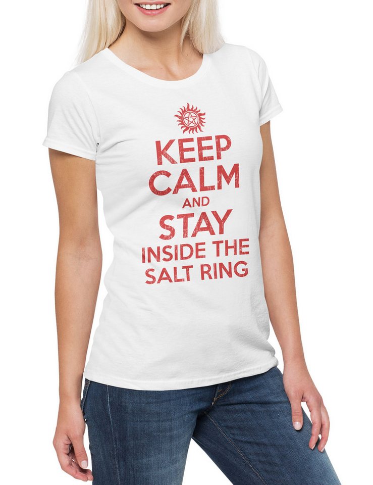 Urban Backwoods Print-Shirt Keep Calm And Stay Inside The Salt Ring Damen T-Shirt Supernatural Fun (1-tlg) Logo Pentragramm Pentacle Flaming von Urban Backwoods
