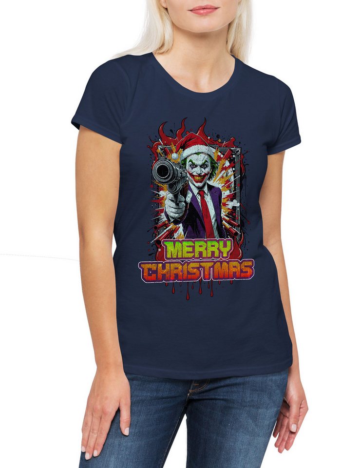 Urban Backwoods Print-Shirt Merry Christmas Joker Gun Damen T-Shirt Happy Santa X-Mas Claus (1-tlg) Holidays Batman Weihnachten Gotham von Urban Backwoods