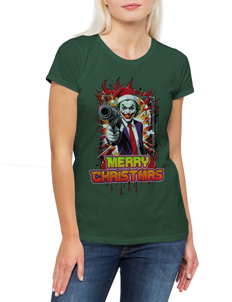 Urban Backwoods Print-Shirt Merry Christmas Joker Gun Damen T-Shirt Happy Santa X-Mas Claus (1-tlg) Holidays Batman Weihnachten Gotham von Urban Backwoods