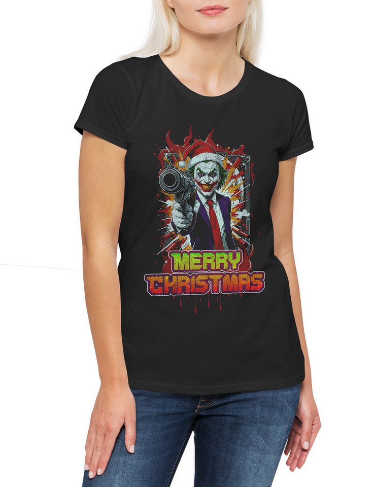 Urban Backwoods Print-Shirt Merry Christmas Joker Gun Damen T-Shirt Happy Santa X-Mas Claus (1-tlg) Holidays Batman Weihnachten Gotham von Urban Backwoods