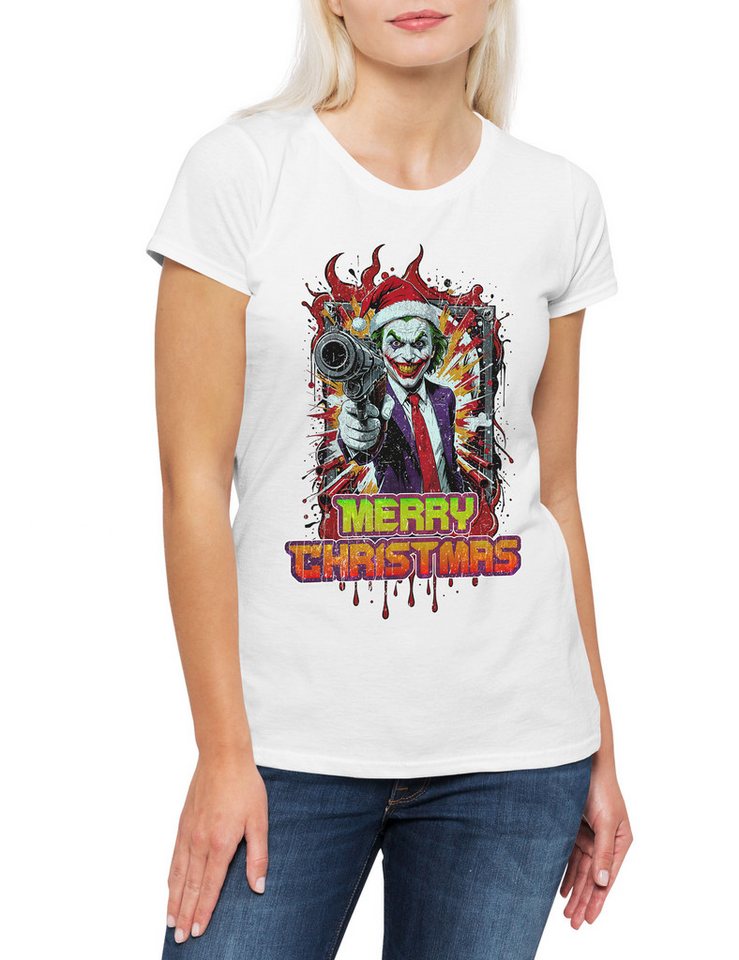 Urban Backwoods Print-Shirt Merry Christmas Joker Gun Damen T-Shirt Happy Santa X-Mas Claus (1-tlg) Holidays Batman Weihnachten Gotham von Urban Backwoods