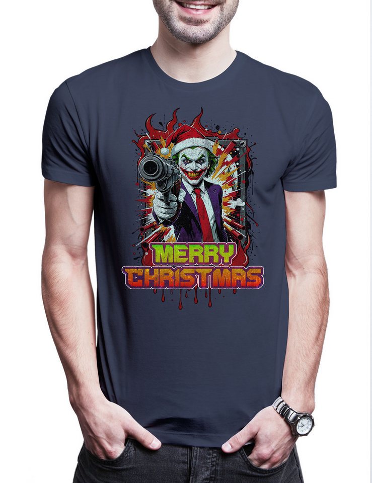 Urban Backwoods Print-Shirt Merry Christmas Joker Gun Herren T-Shirt Happy Santa X-Mas Claus (1-tlg) Holidays Batman Weihnachten Gotham von Urban Backwoods